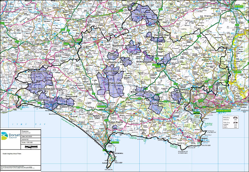 Map depicting Parish Neighbourhood Plans in Dorset (2020) 